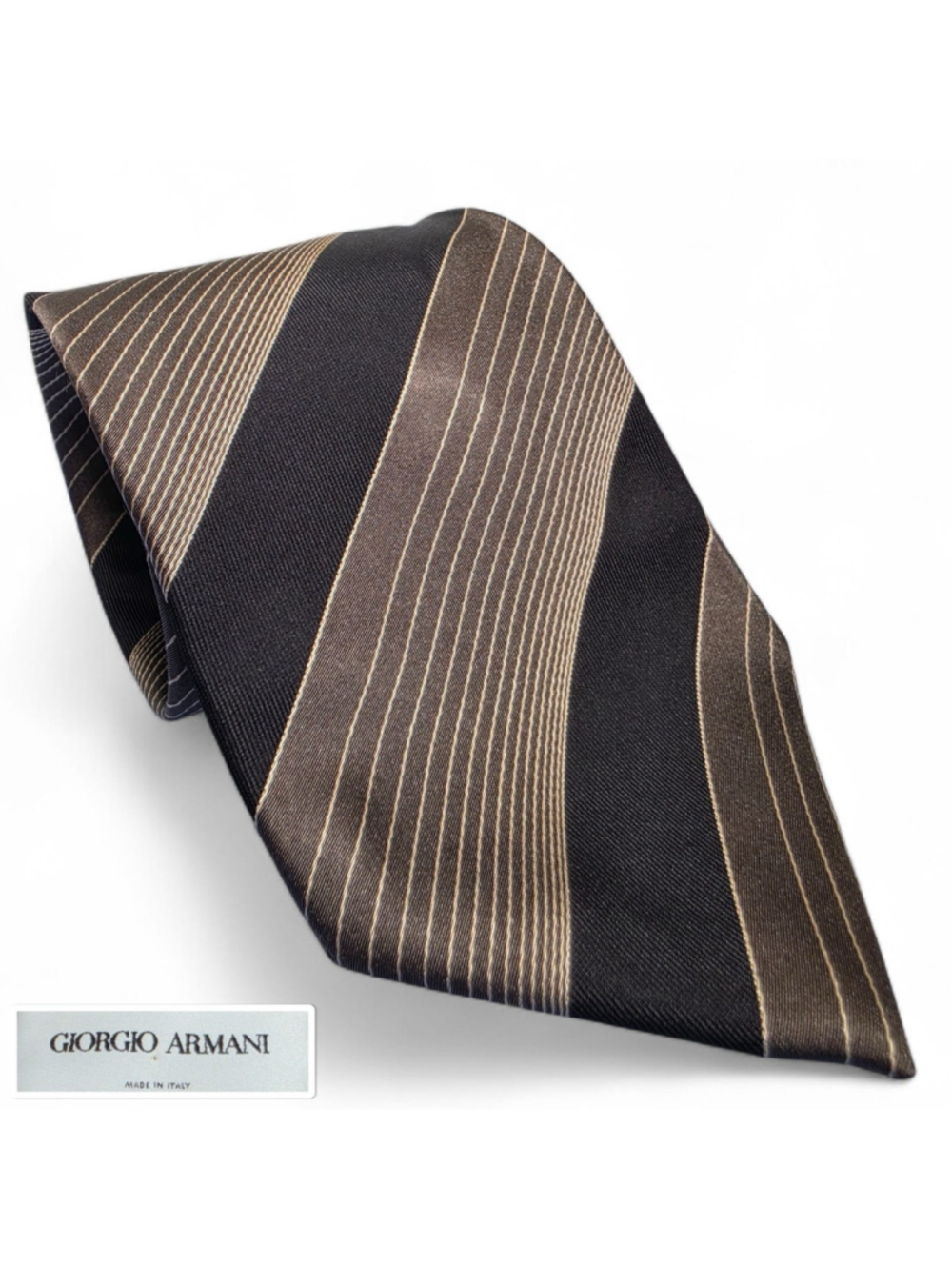 Giorgio Armani Silk Tie Italy Brown Black Gold Stripe Designer Classic